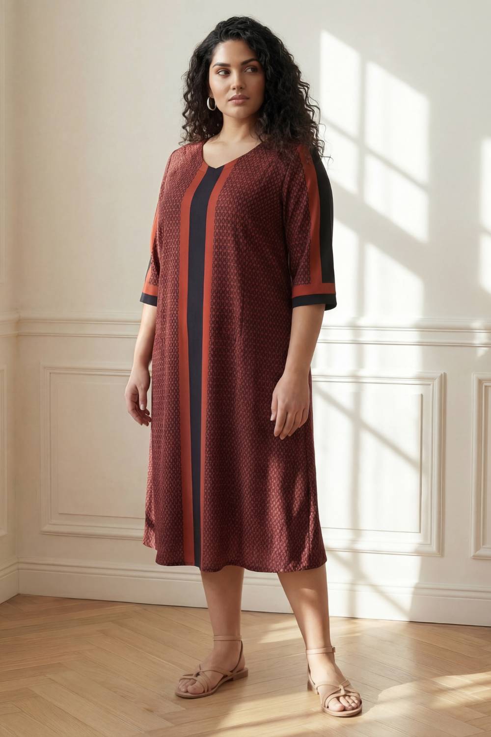 Plus Size Rust Geometric Print A-Line Dress