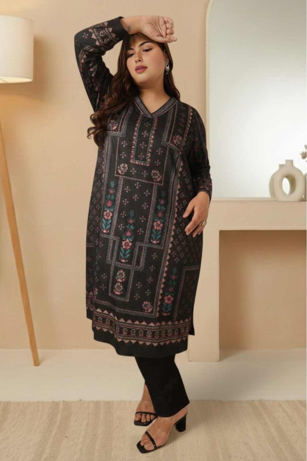 Plus Size Black Ethnic Panel SnugWeave™ Winter Kurta