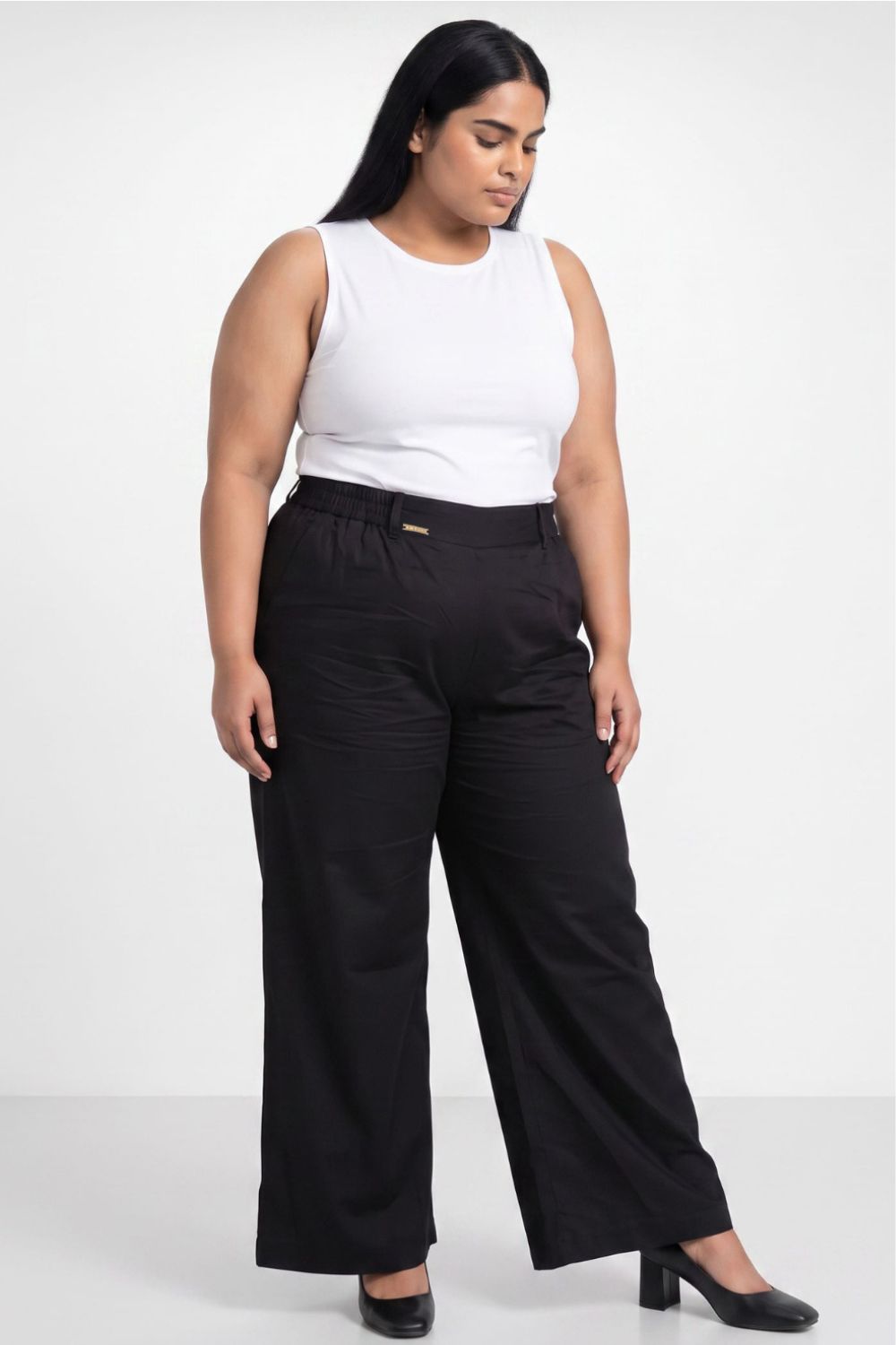 Plus Size Wide Leg Easy PullOn Black Cotton Satin Pants