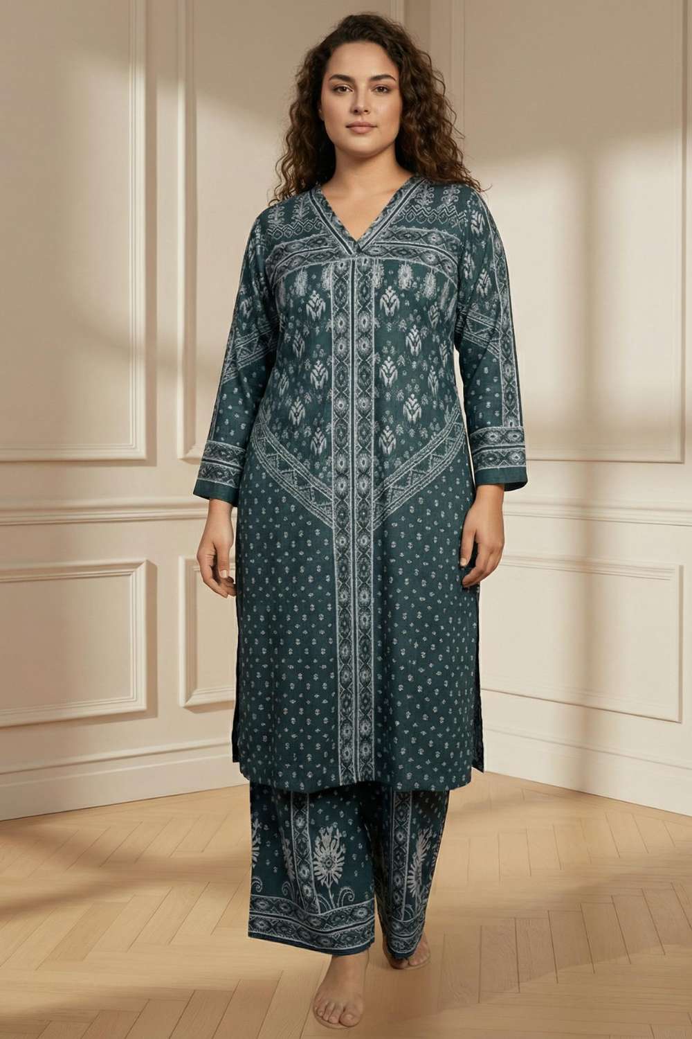 Plus Size Teal Printed SnugWeave™ Winter Kurta Coord Set