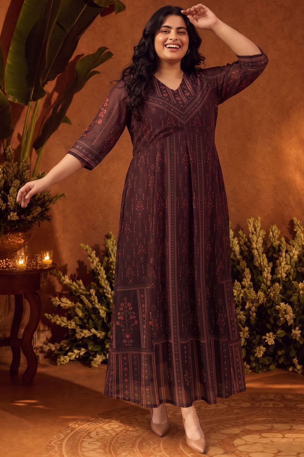 Plus Size Royal Motif Print Georgette Anarkali Dress