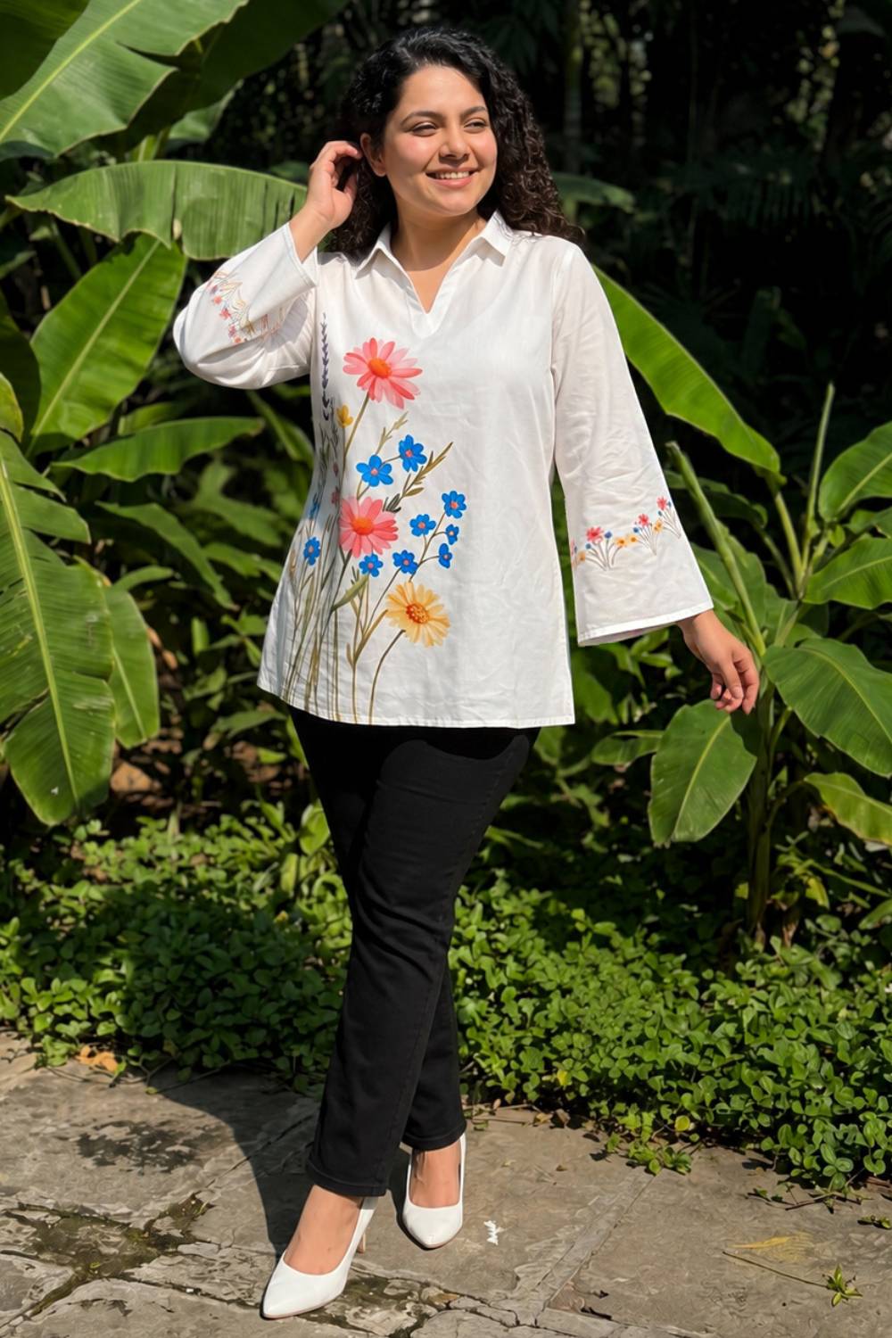 Plus Size White Floral Printed Cotton Top