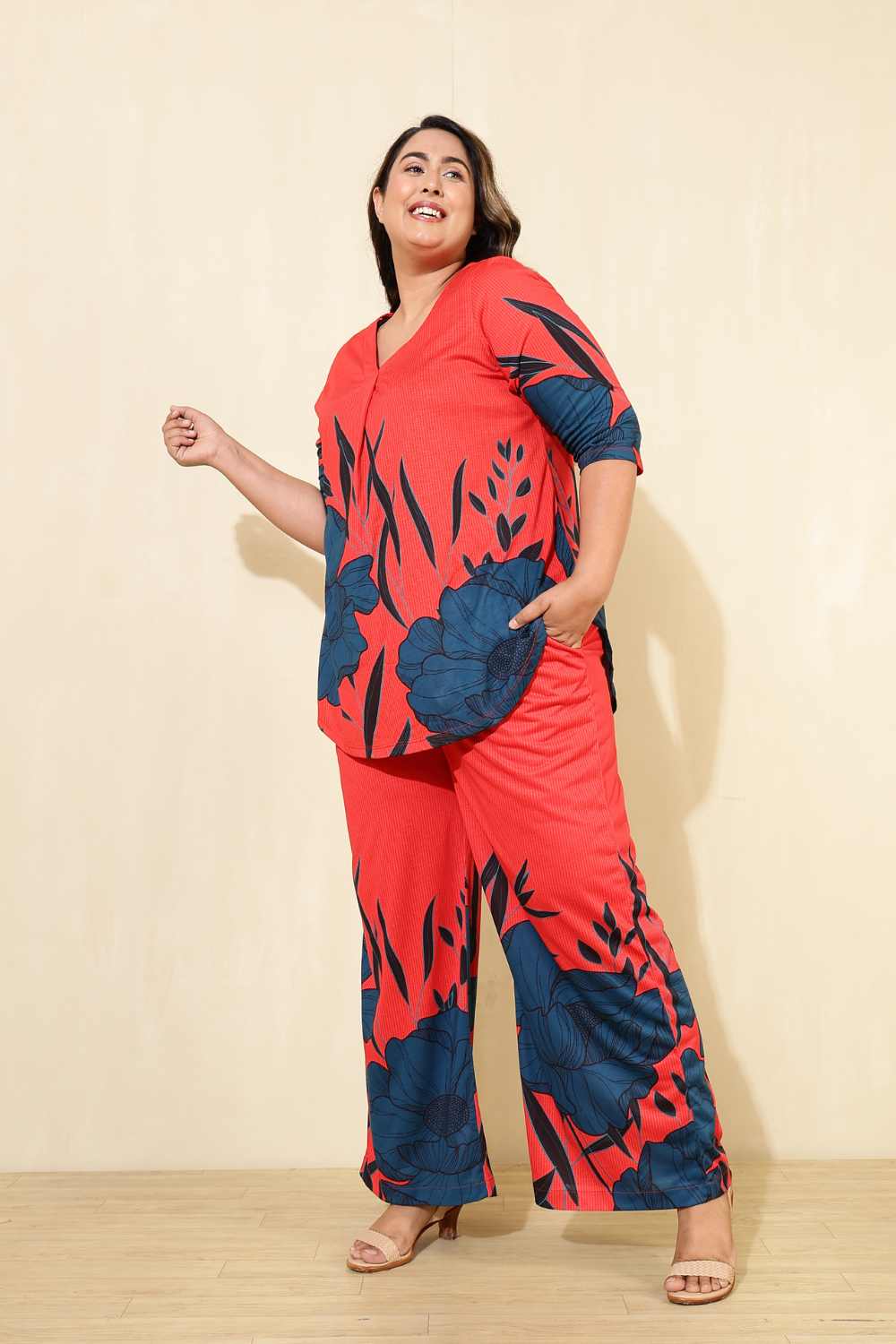 Plus Size Red Teal Print Coord Set