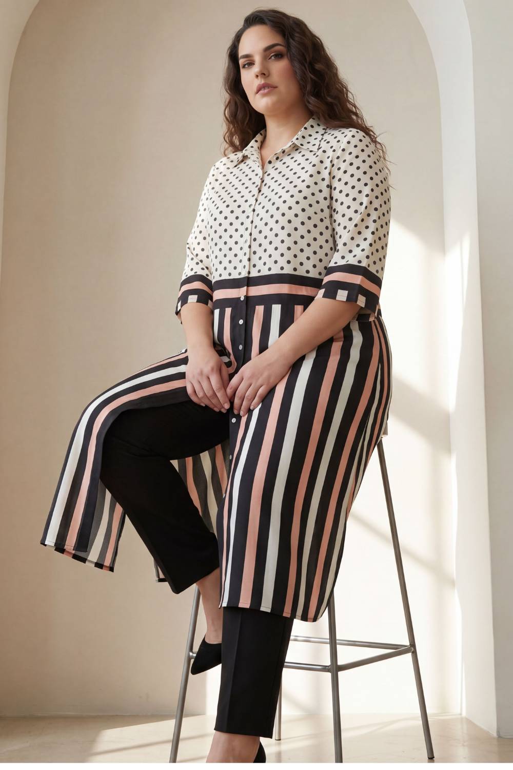 Black Luxe Polka Stripes Kurta Cum Shrug