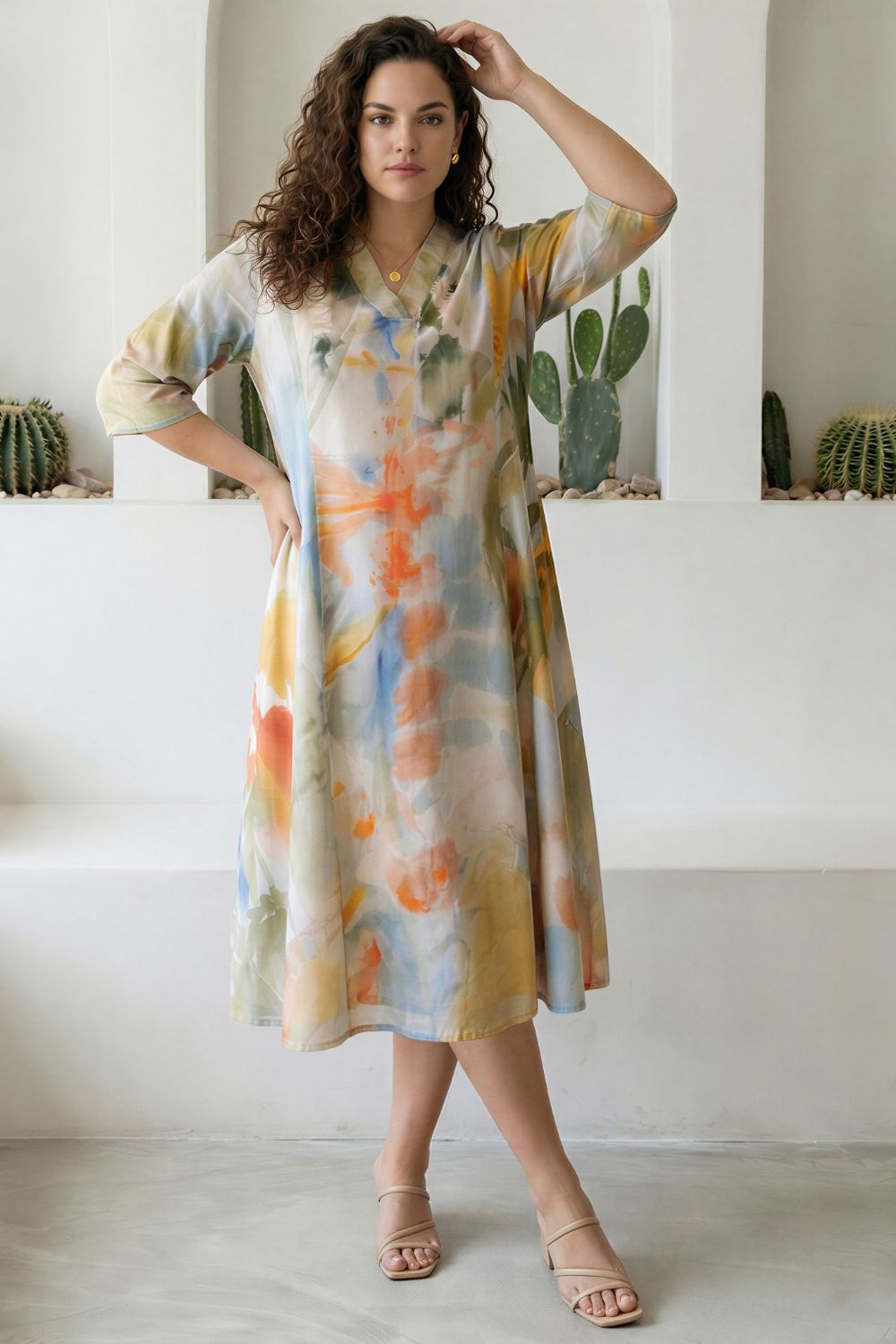 Plus Size Pastel Abstract Print Cotton Midi Dress