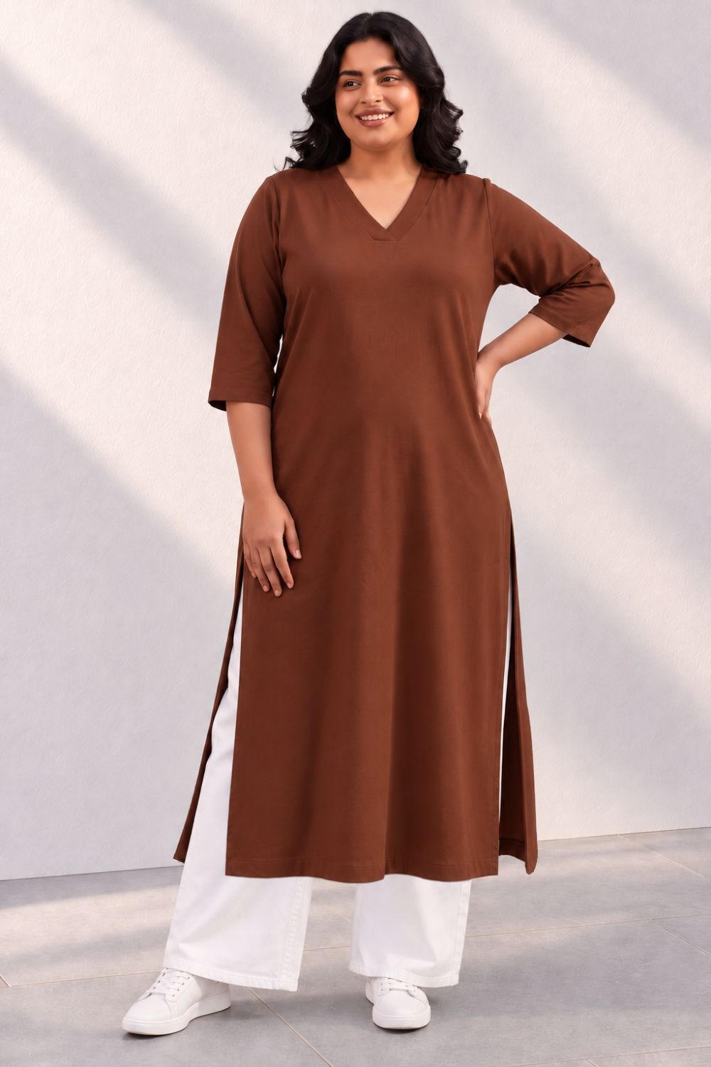 Plus Size SoftEase V Neck Brown Cotton Kurta