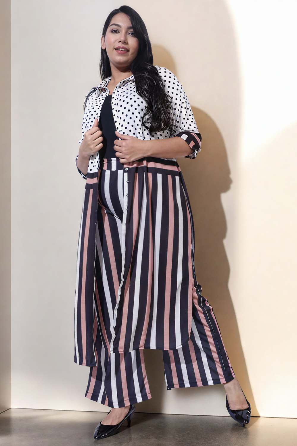 Plus Size Plus Size Black Luxe Polka Stripes Coord Set