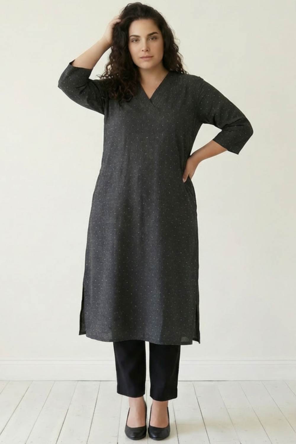 Plus Size Ash Black Denim Cotton V Neck Kurta
