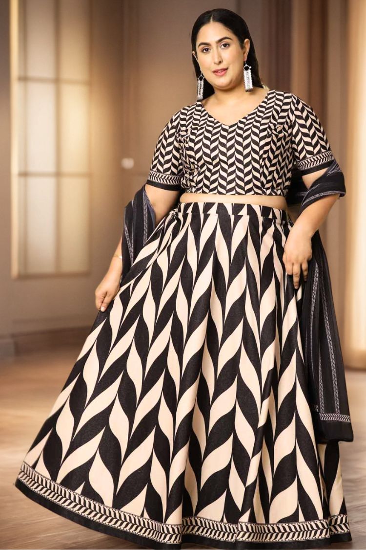 Plus Size Black White Monochrome Lehenga - Main Image
