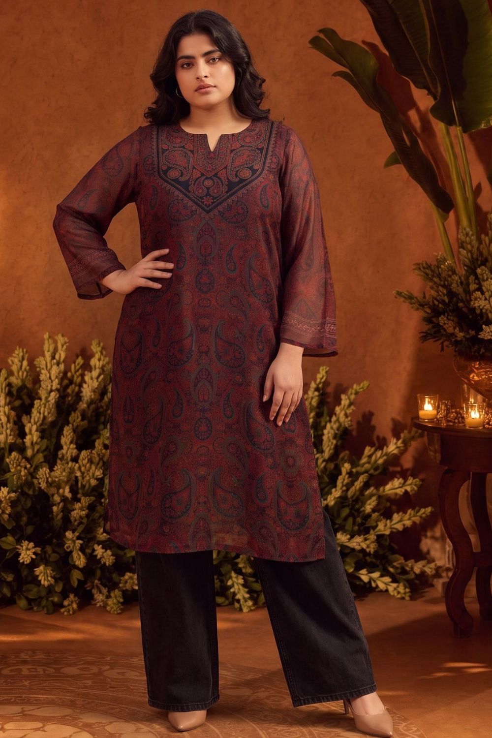 Plus Size Heritage Paisley Print Straight Georgette Kurta