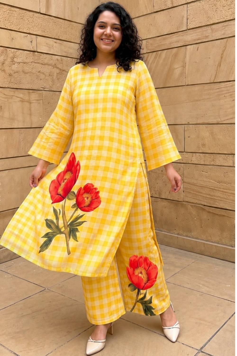 Plus Size Yellow Gingham Floral Print Cotton kurta Coord Set
