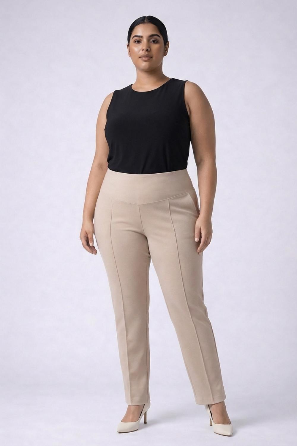 Plus Size Cream Tummy Shaper Straight Fit Pants
