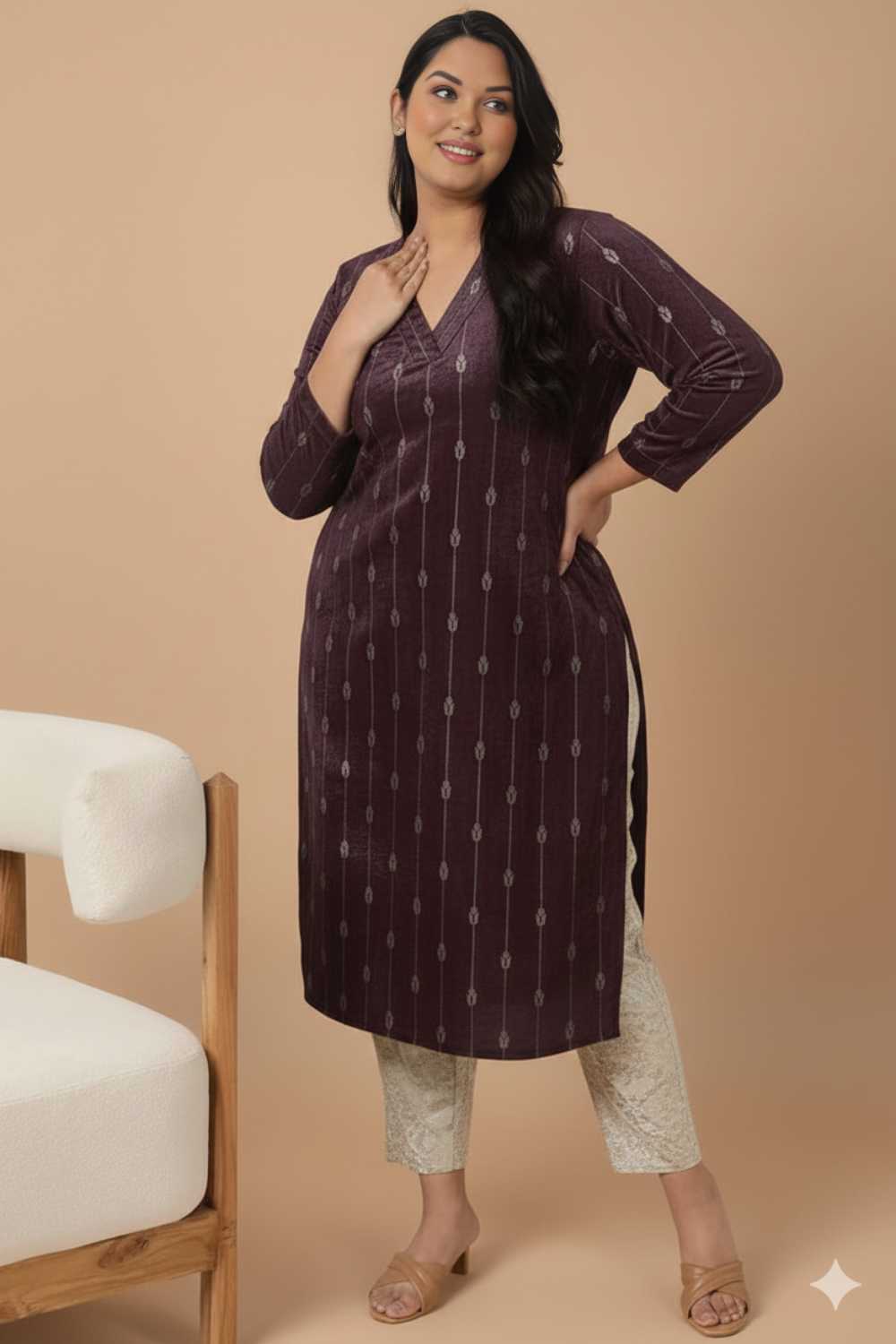 Plus Size Purple V Neck SnugWeave™ Winter Kurta
