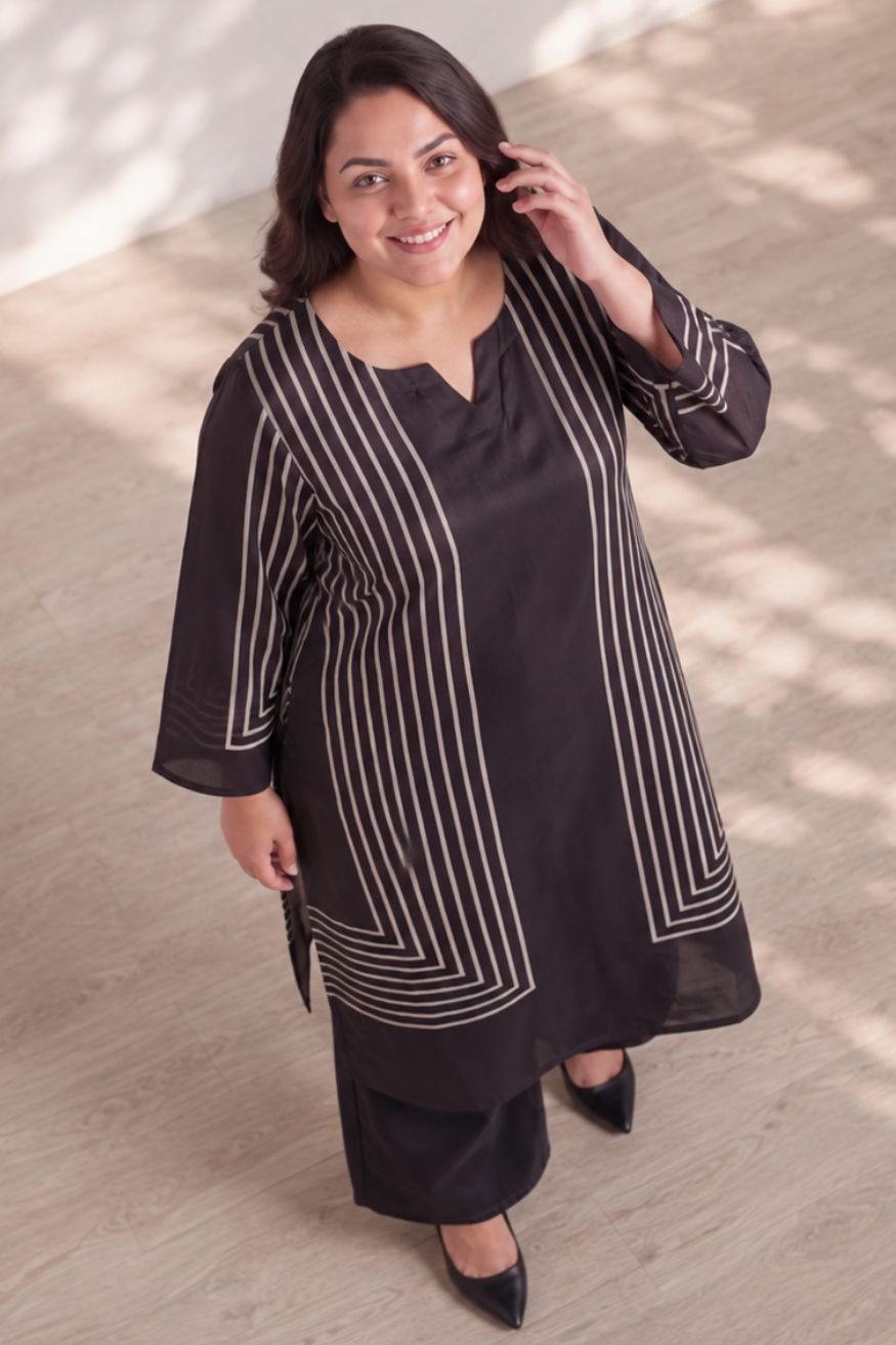 Plus Size Black Geometric Stripe Print Satin Georgette Kurta