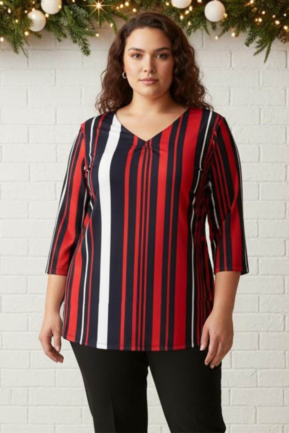 Plus Size Red Blue Striped Centre Pleat Top