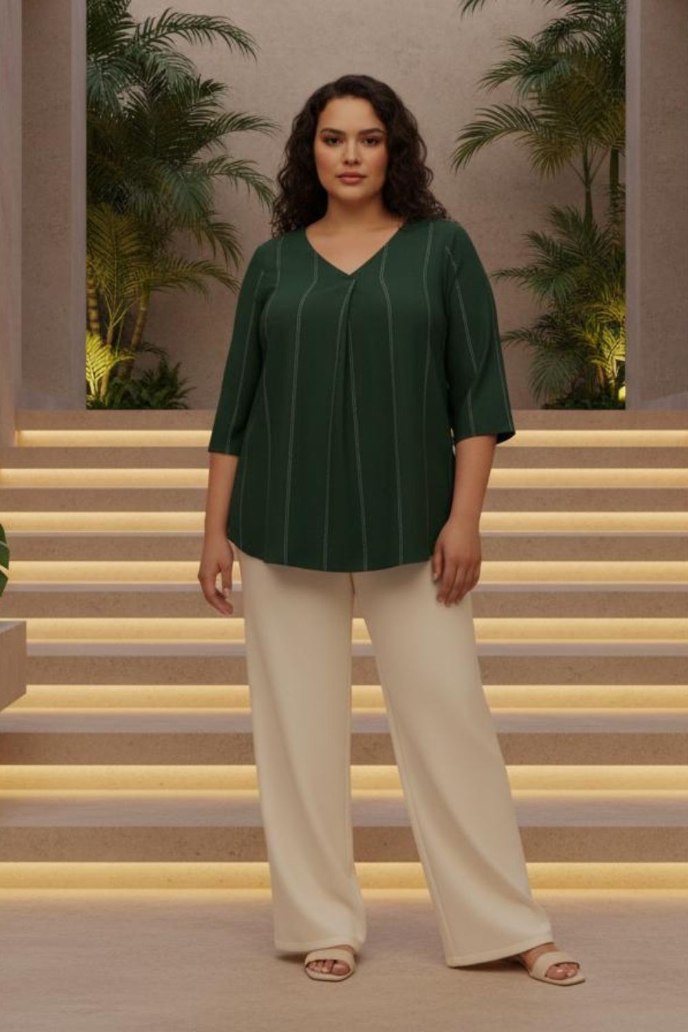 Plus Size Emerald Green Golden Pin Striped V Neck Top