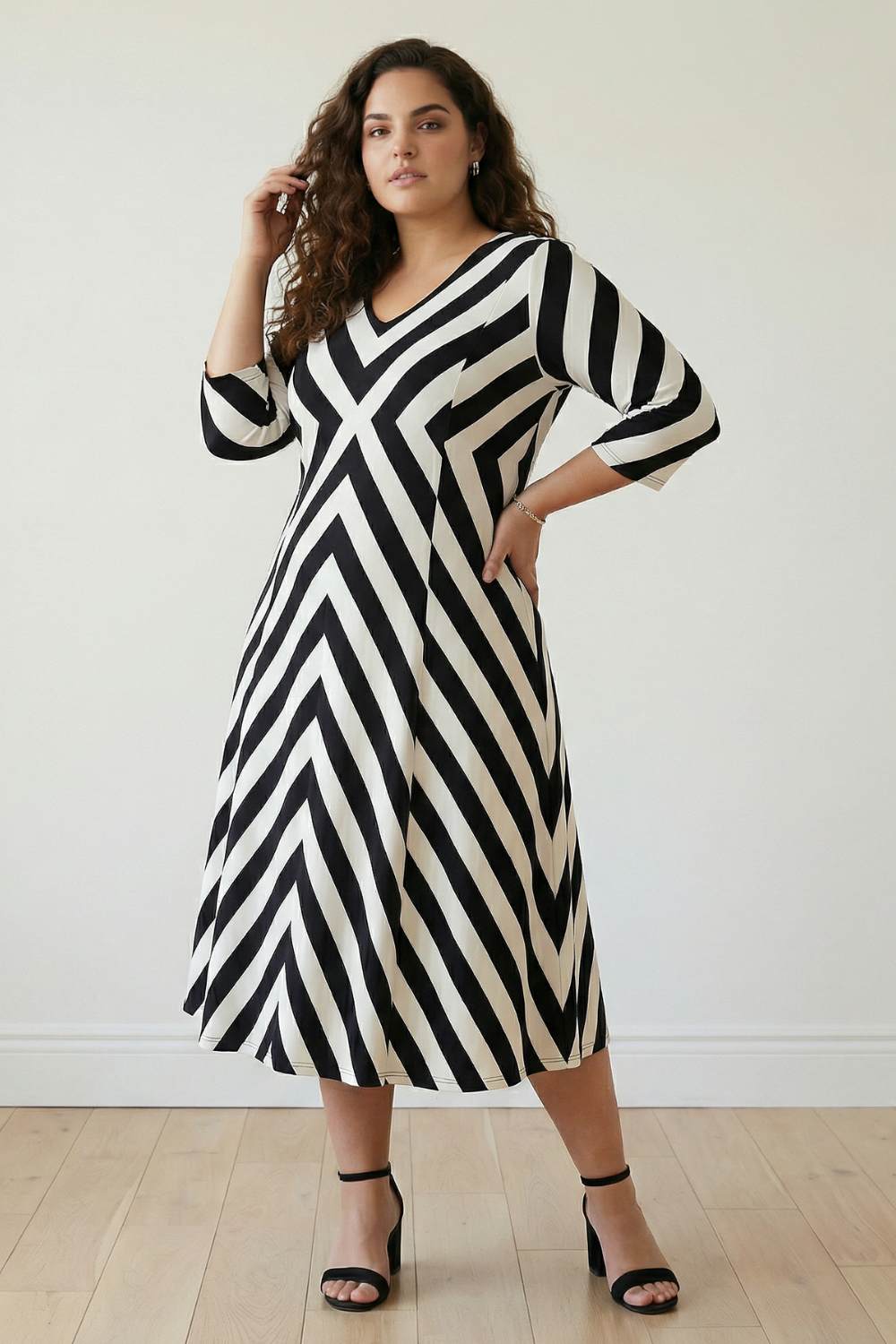 Plus Size Black White Monochromatic A line Dress | Amydus Plus Size Black White Monochromatic A line Dress | Amydus