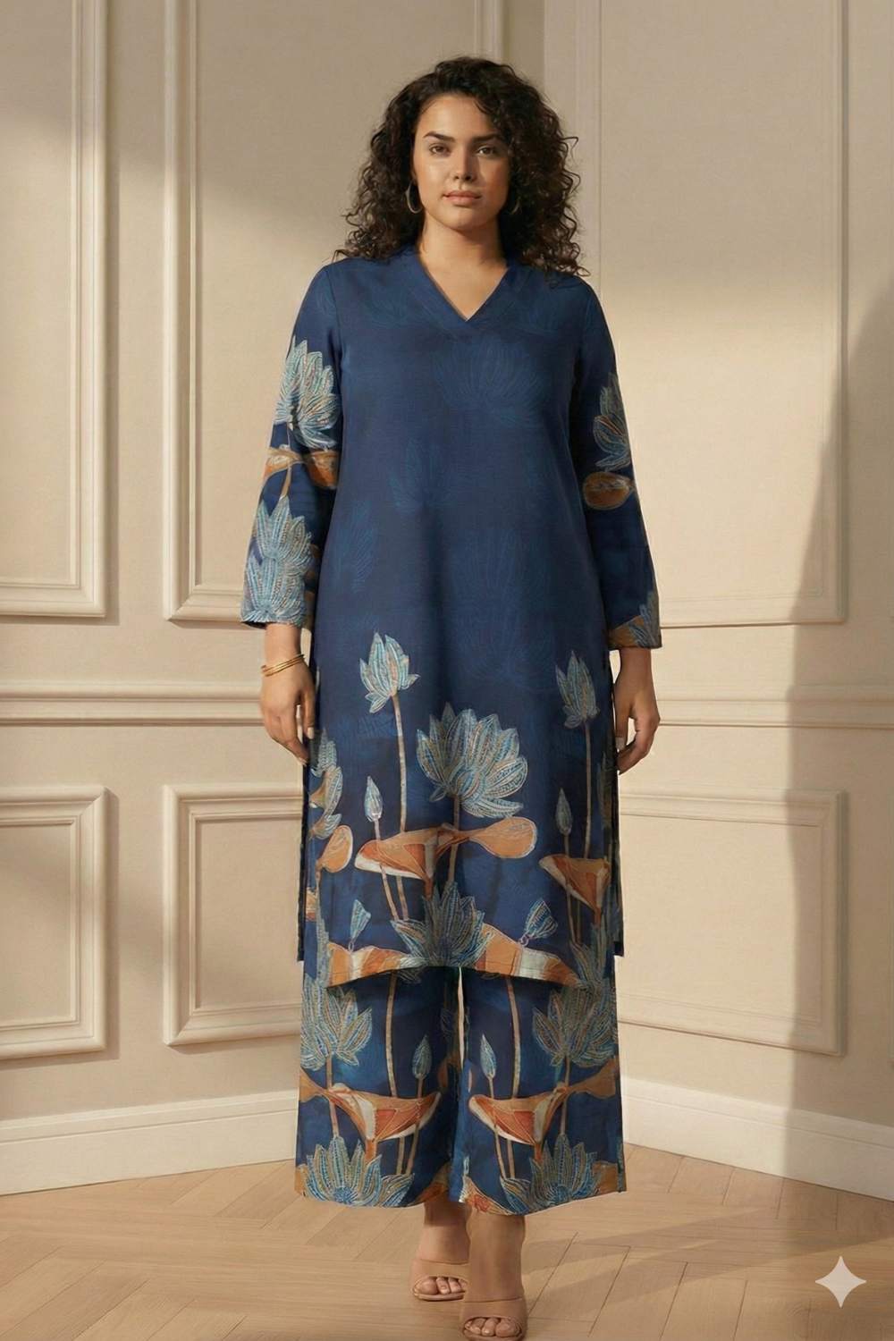 Plus Size Blue Floral SnugWeave™ Winter Kurta Coord Set