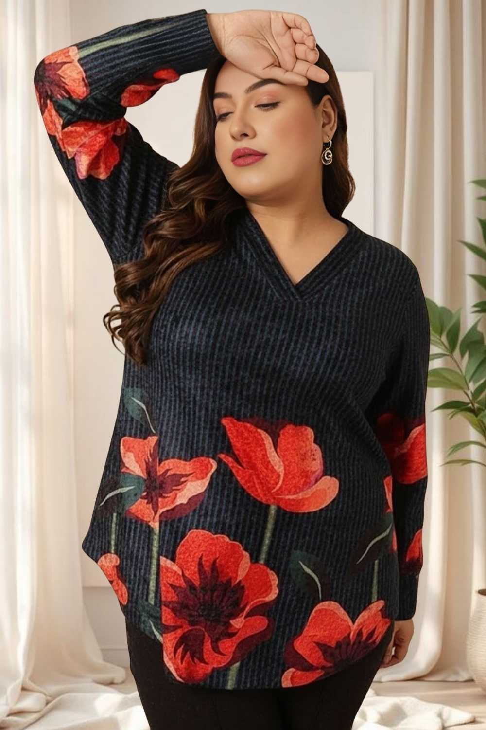 Plus Size Black Floral Borders SnugWeave™ Winter Top