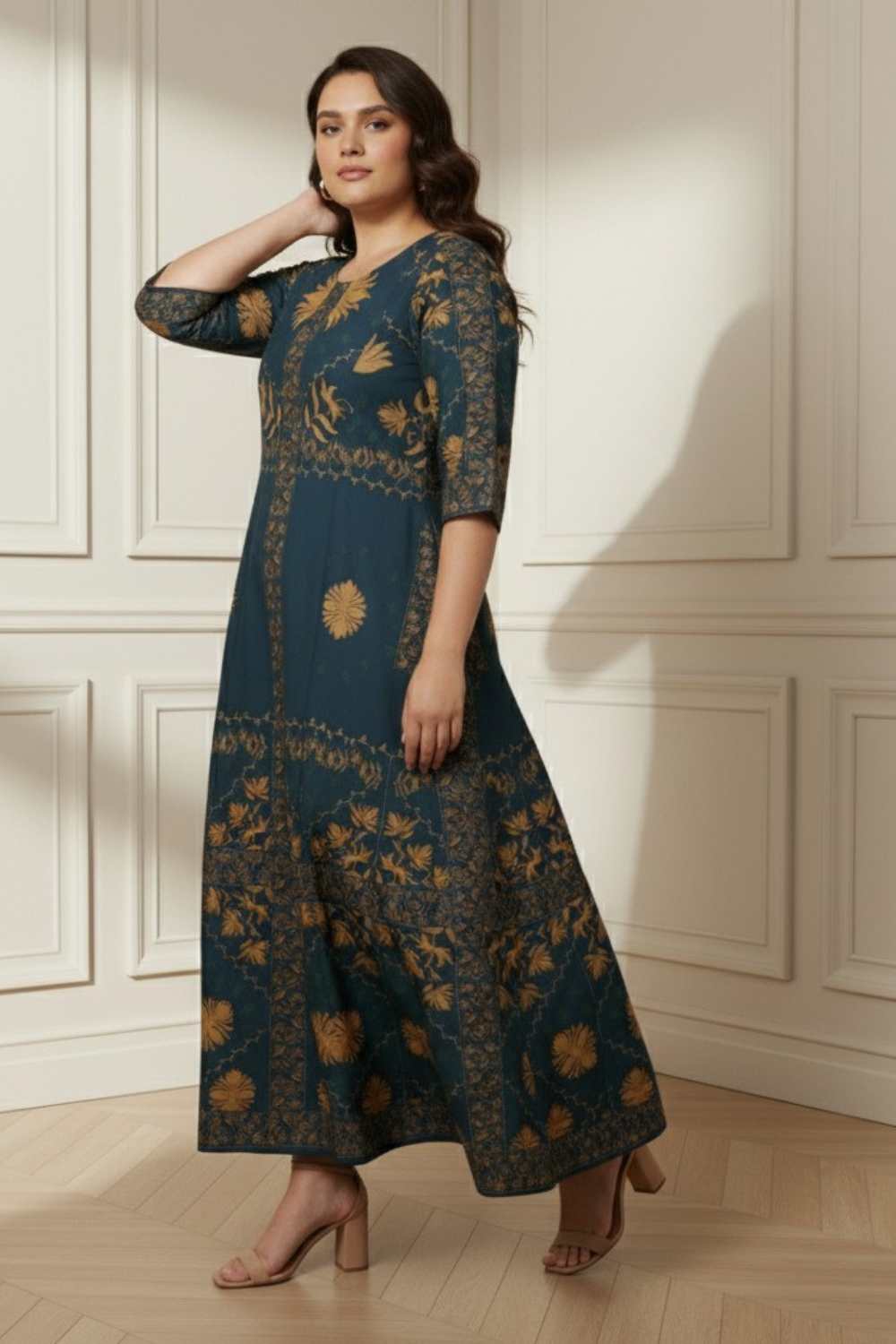Plus Size Teal Mustard Ornate Printed Long Dress Online in India