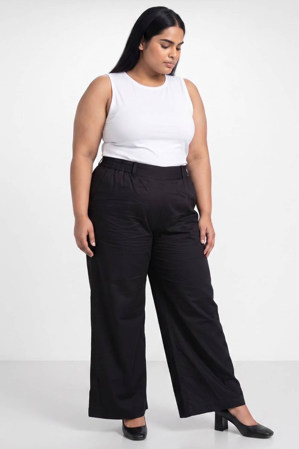 Plus Size Wide Leg Black Cotton Satin Pants