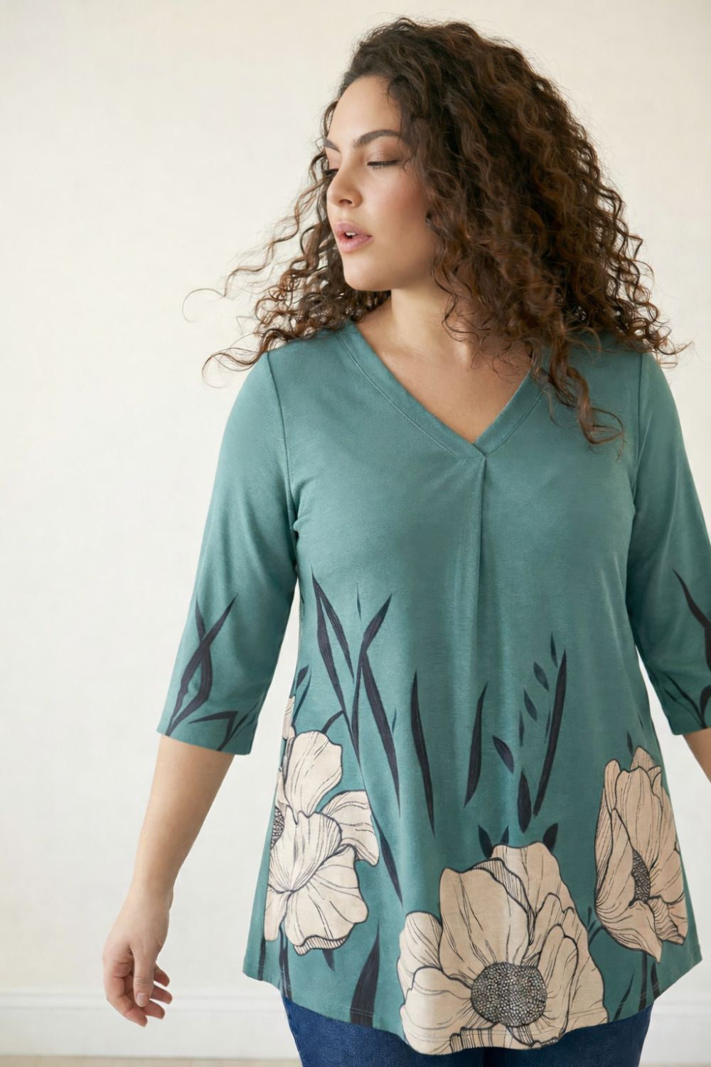 Plus Size Green Beige Print Centre Pleat Top