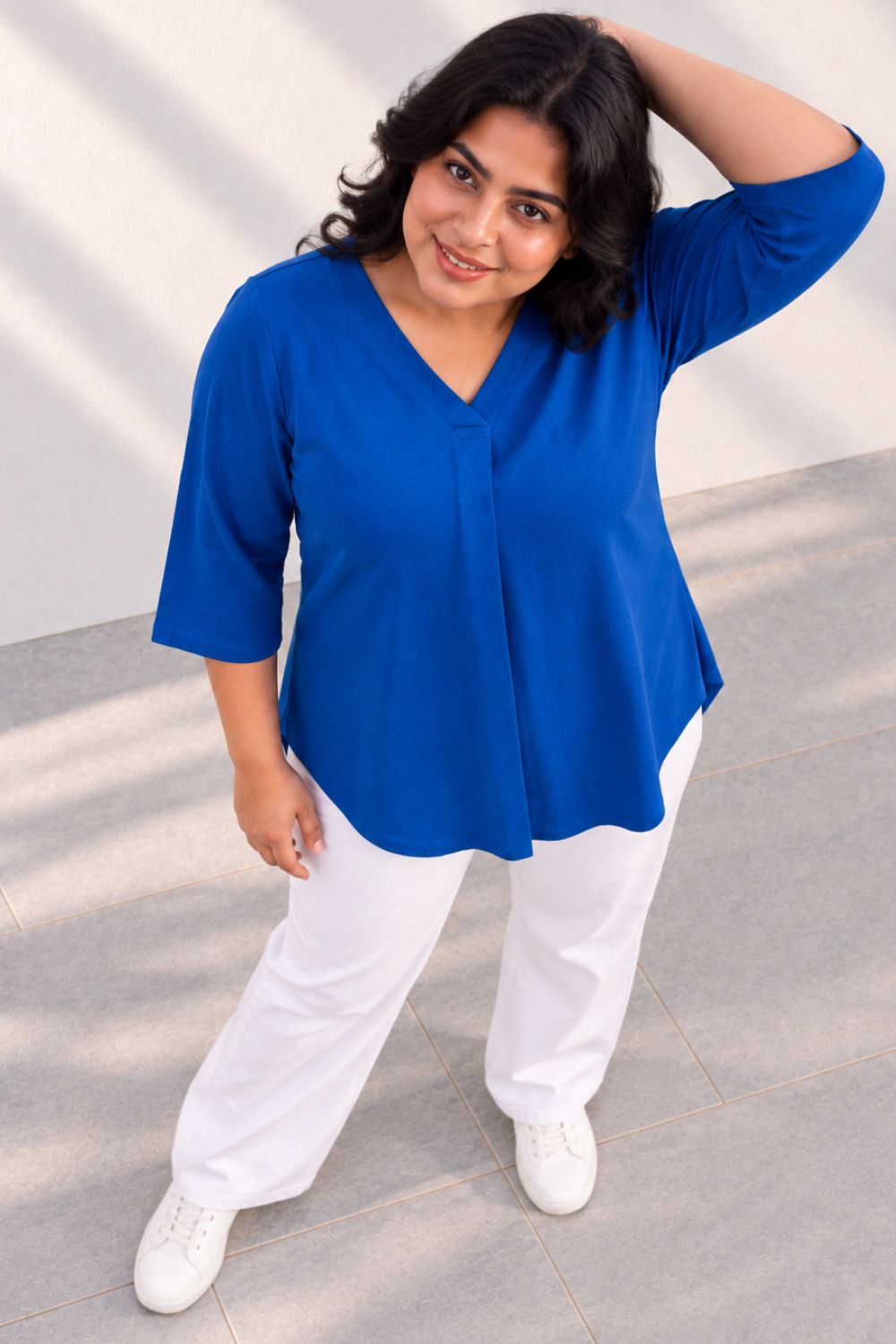 Plus Size SoftEase V Neck Blue Cotton Top