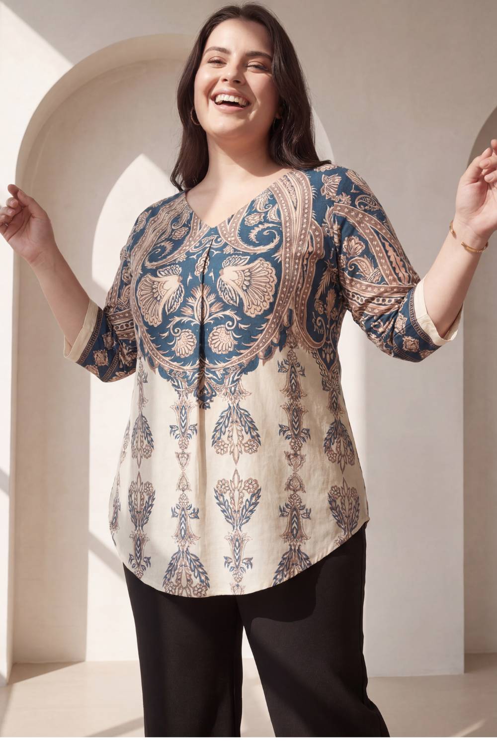 Plus Size Cream Luxe Ethnic Print Centre Pleat Top