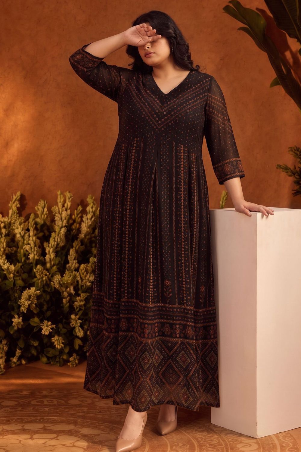 Plus Size Ornamental Print Georgette Anarkali Dress