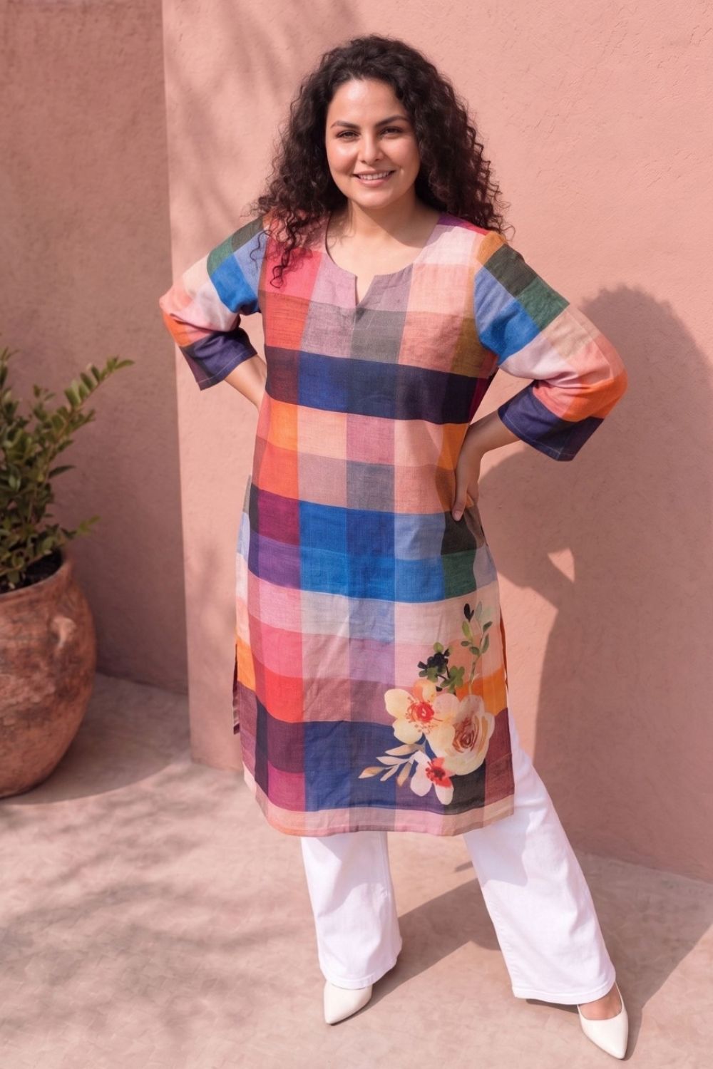 Plus Size Floral Check Printed Cotton Kurta