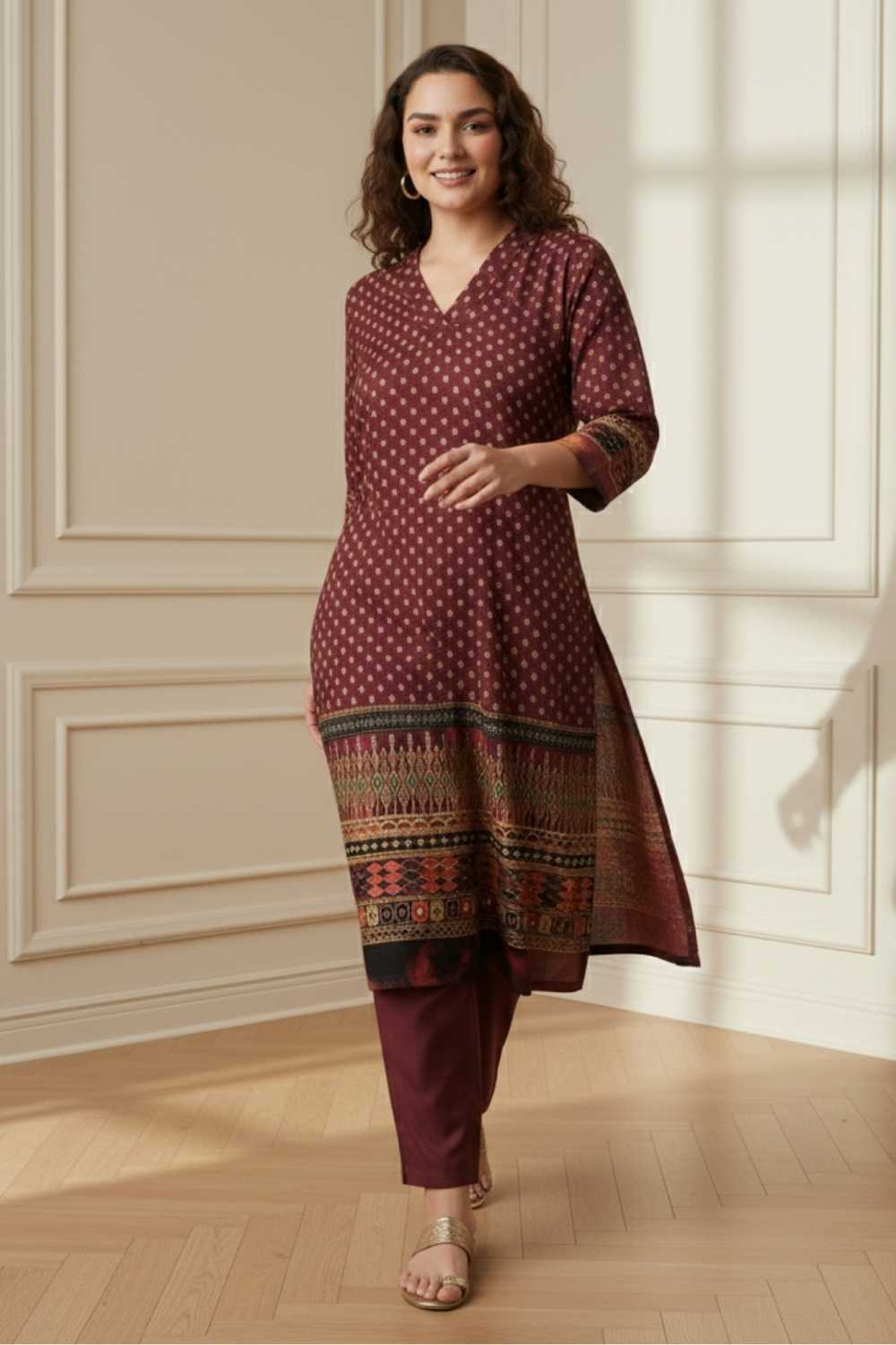 Plus Size Maroon Border Print SnugWeave™ Winter Kurta