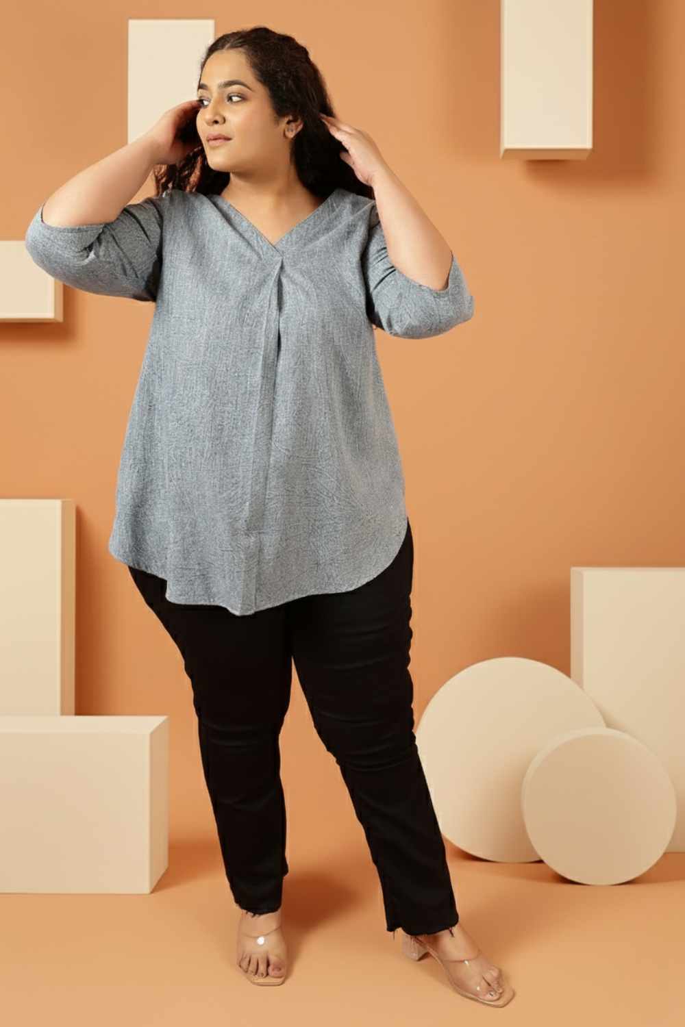 Plus Size Acid Wash Denim Cotton Top