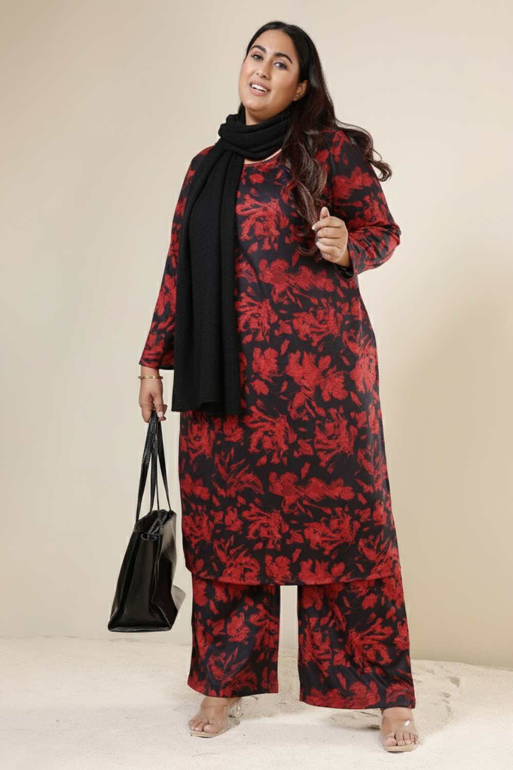Plus Size Red Floral Kurta SnugWeave™ Winter Coord Set