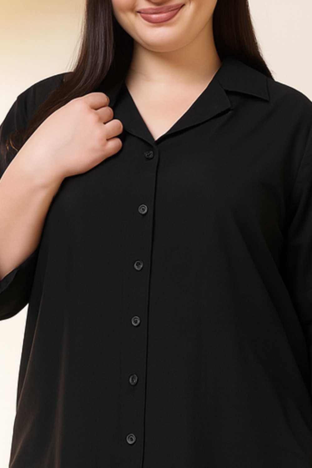 Plus Size Black Cotton Linen Cuban Collar Shirt for Women