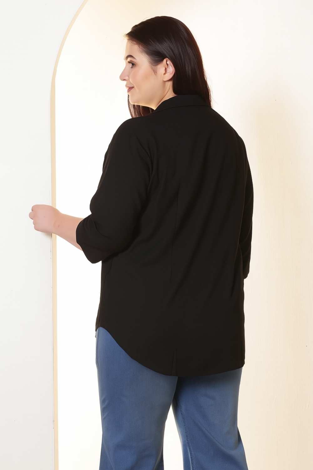 Plus Size Black Cotton Linen Cuban Collar Shirt