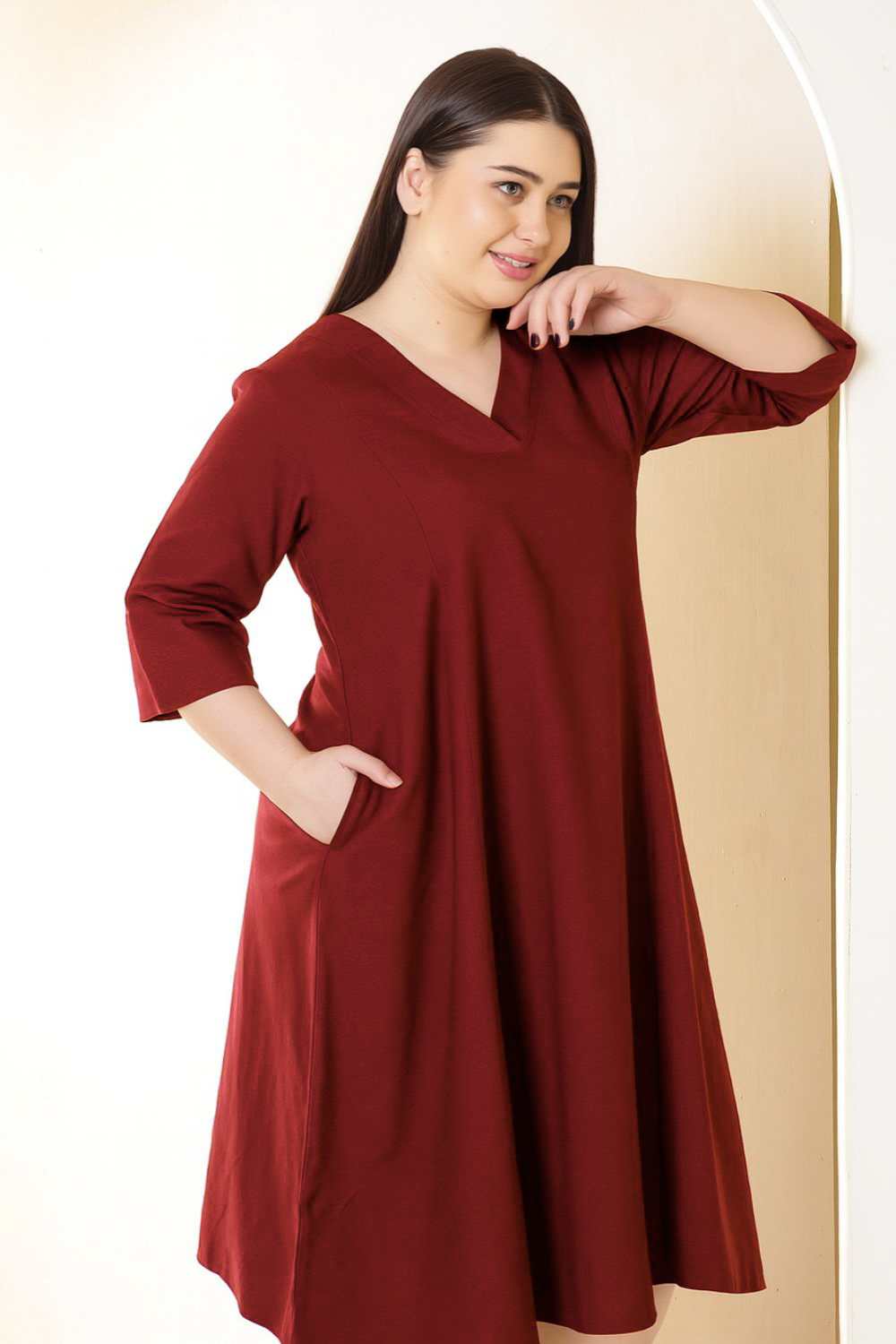 Plus Size Plus Size Maroon Cotton Linen Midi Dress
