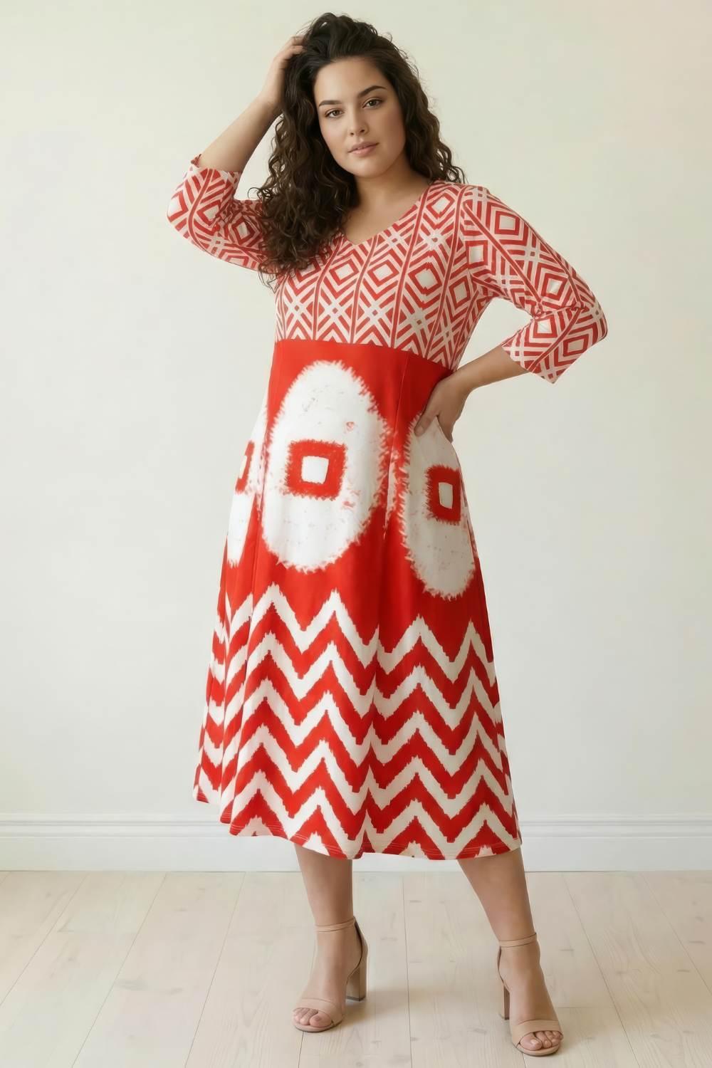 Plus Size Red & White Geometric Print A line Dress
