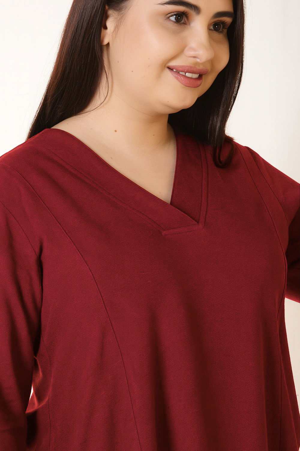 Plus Size Maroon Cotton Linen Midi Dress for Women