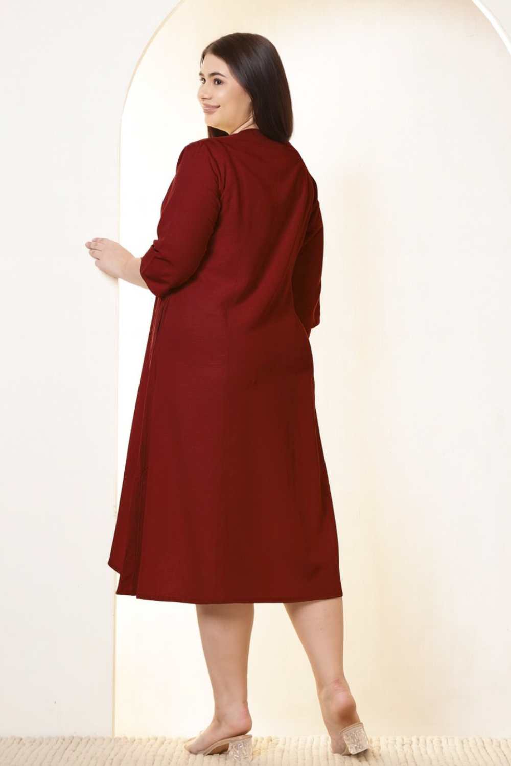 Comfortable Plus Size Maroon Cotton Linen Midi Dress