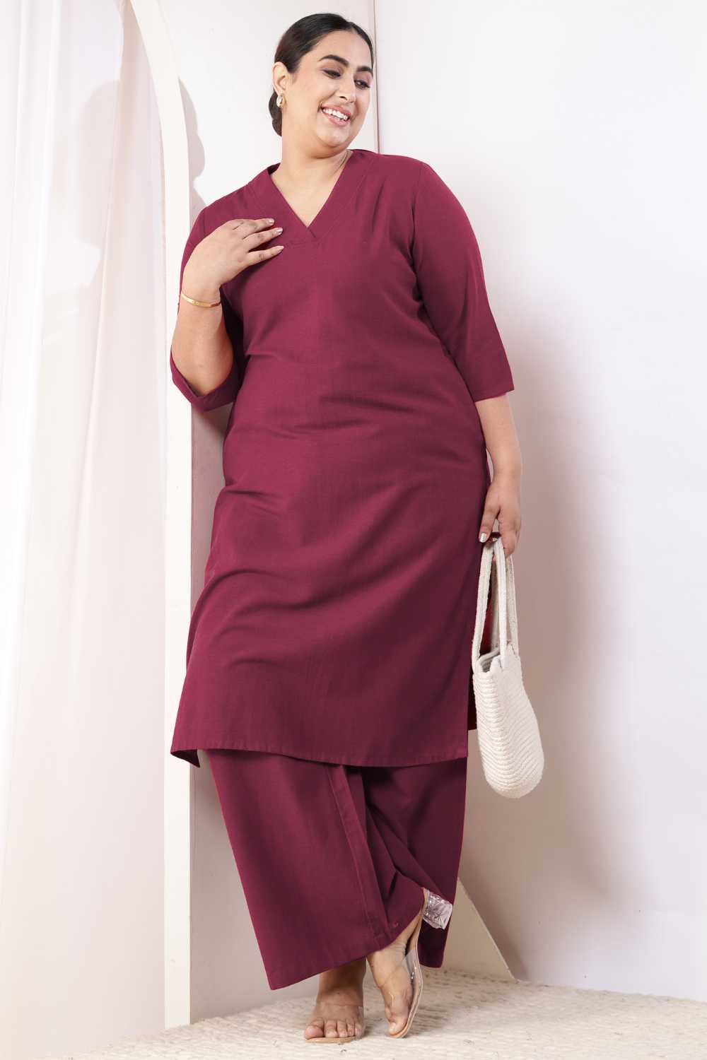 Plus Size Wine Cotton Linen Kurta Coord Set
