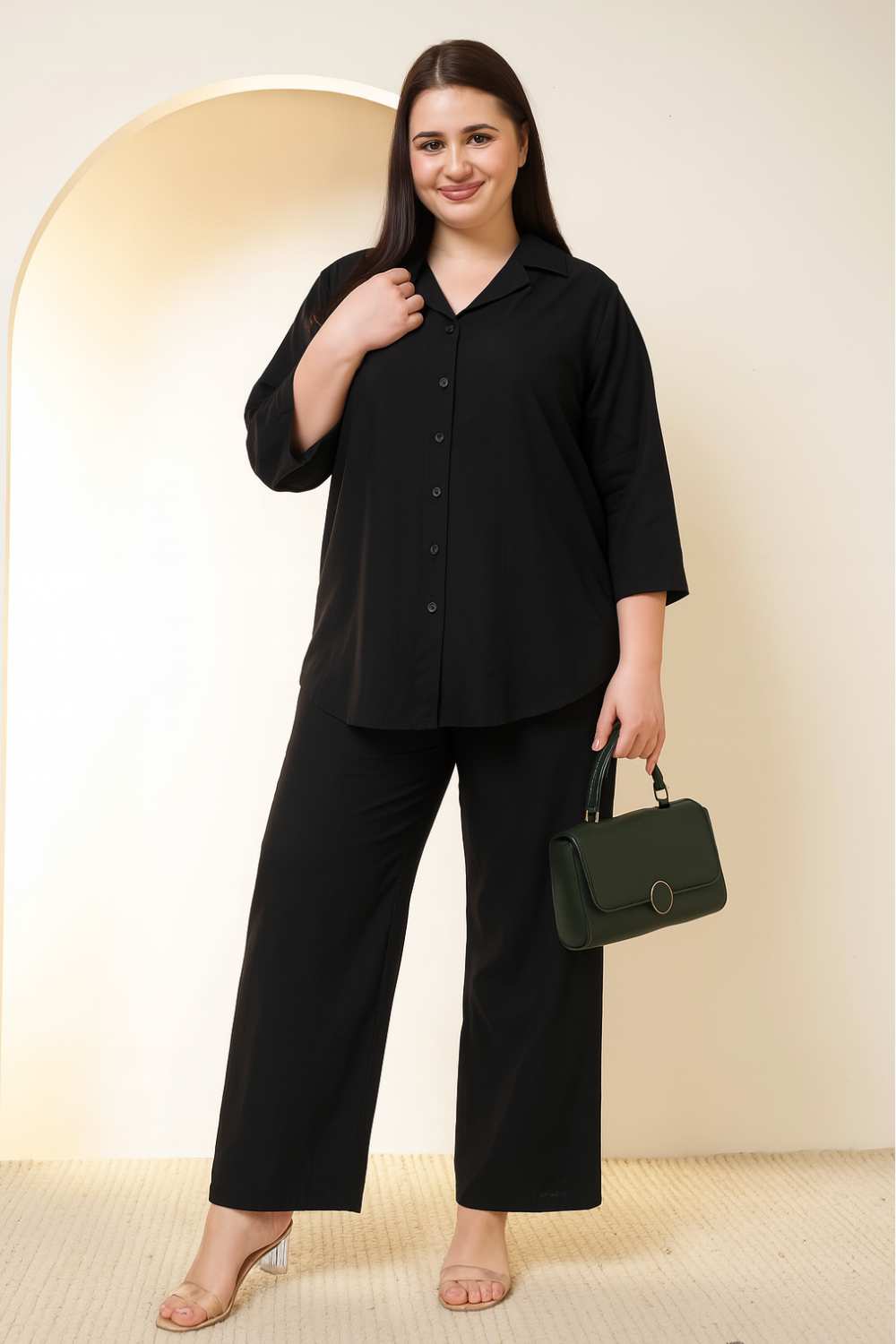 Plus Size Plus Size Black Cotton Linen Shirt Coord Set