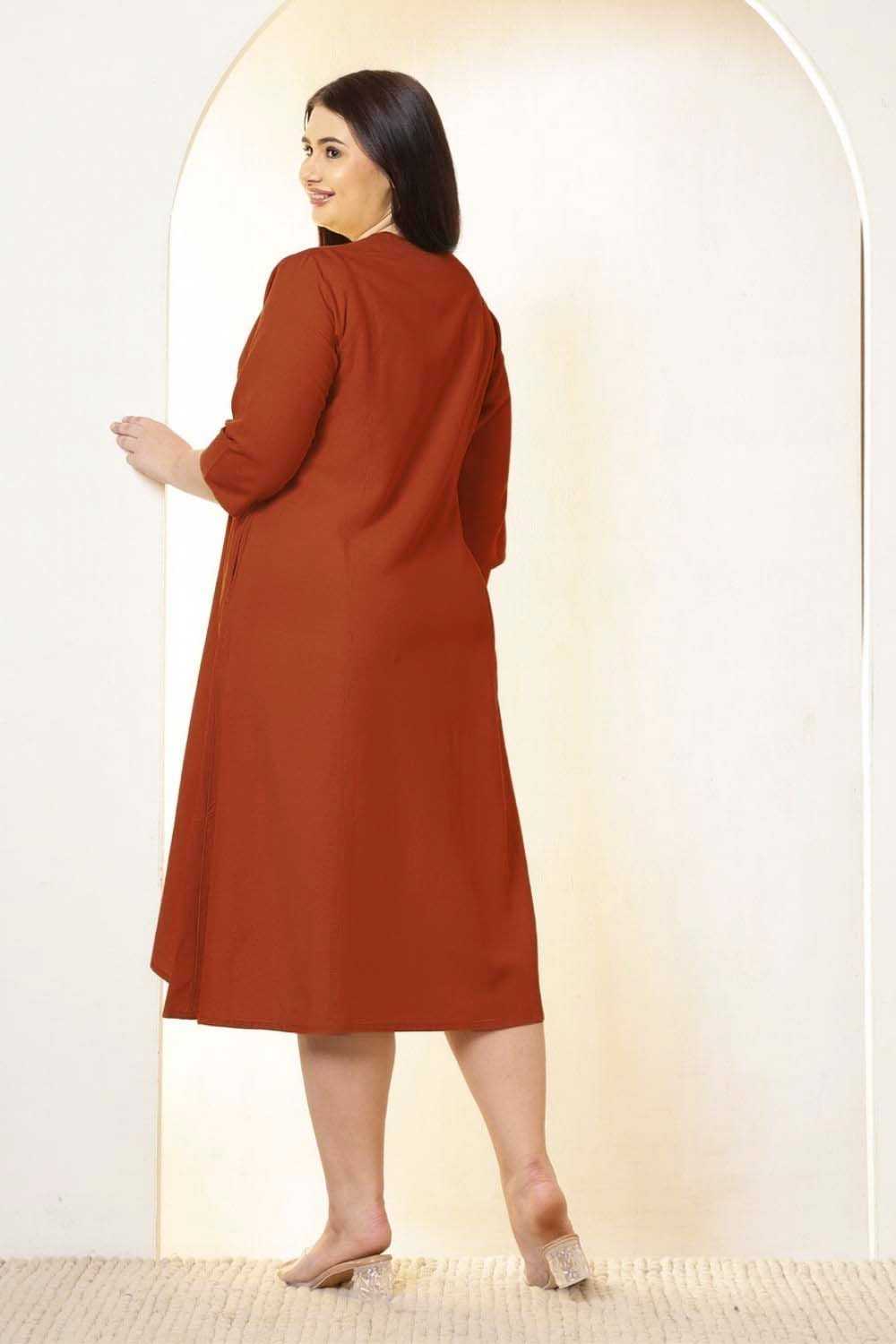 Comfortable Plus Size Rust Brown Cotton Linen Midi Dress