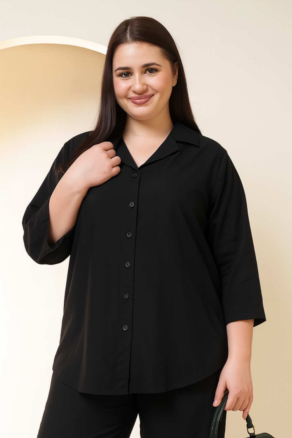 Plus Size Black Cotton Linen Shirt Coord Set for Women