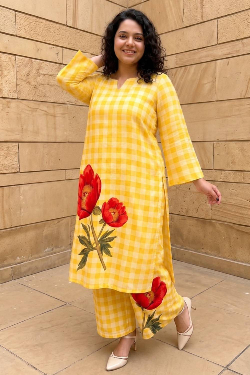 Plus Size Yellow Gingham Floral Print Cotton kurta Coord Set