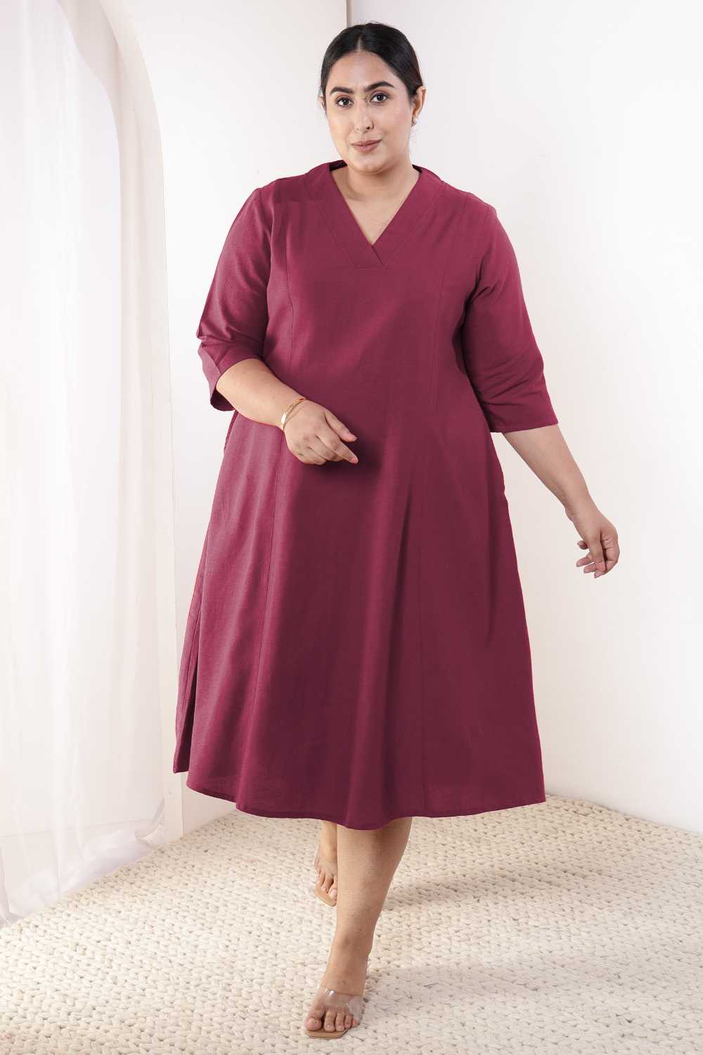 Plus Size Wine Cotton Linen Midi Dress