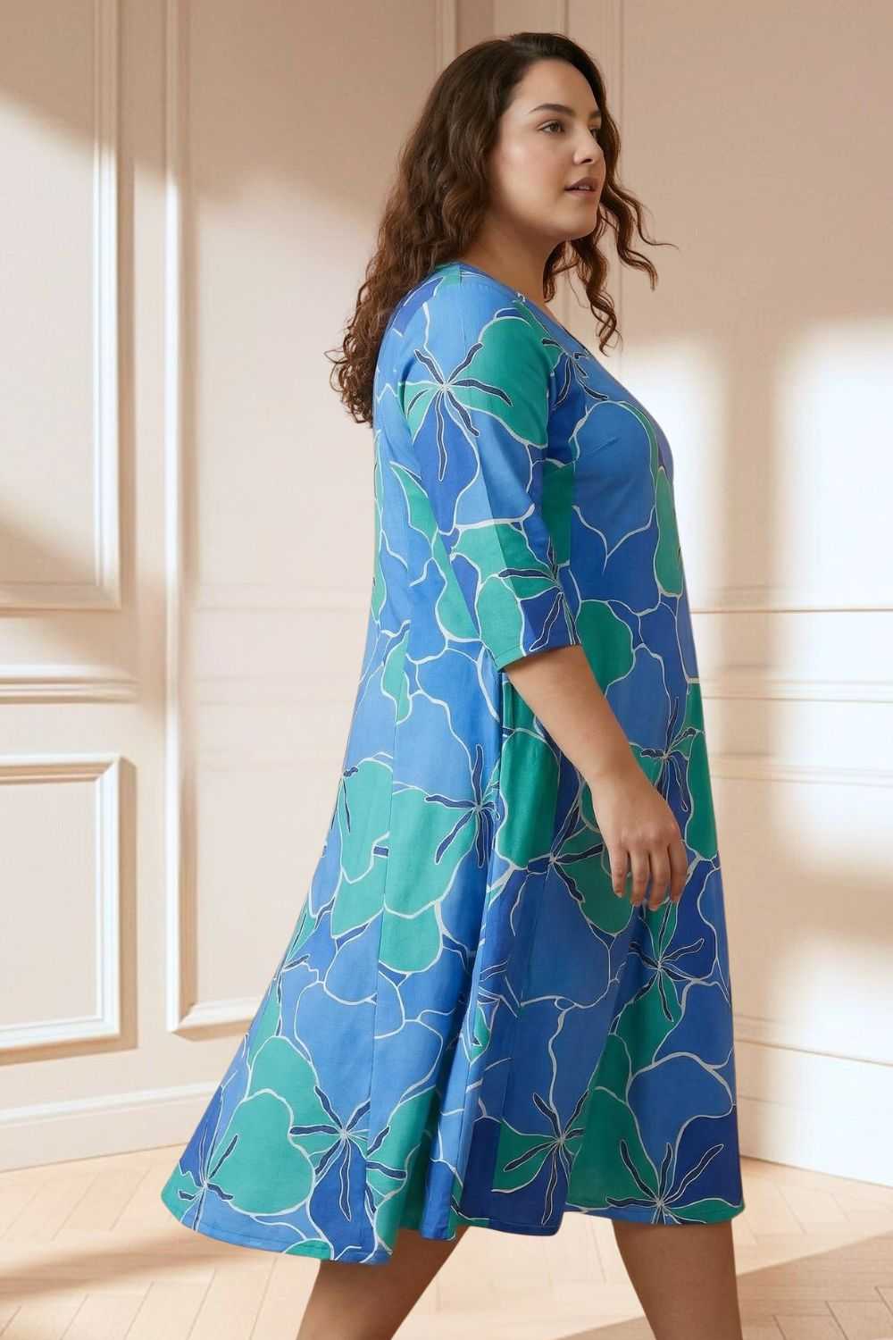 Plus Size Blue Green Abstract A line Dress