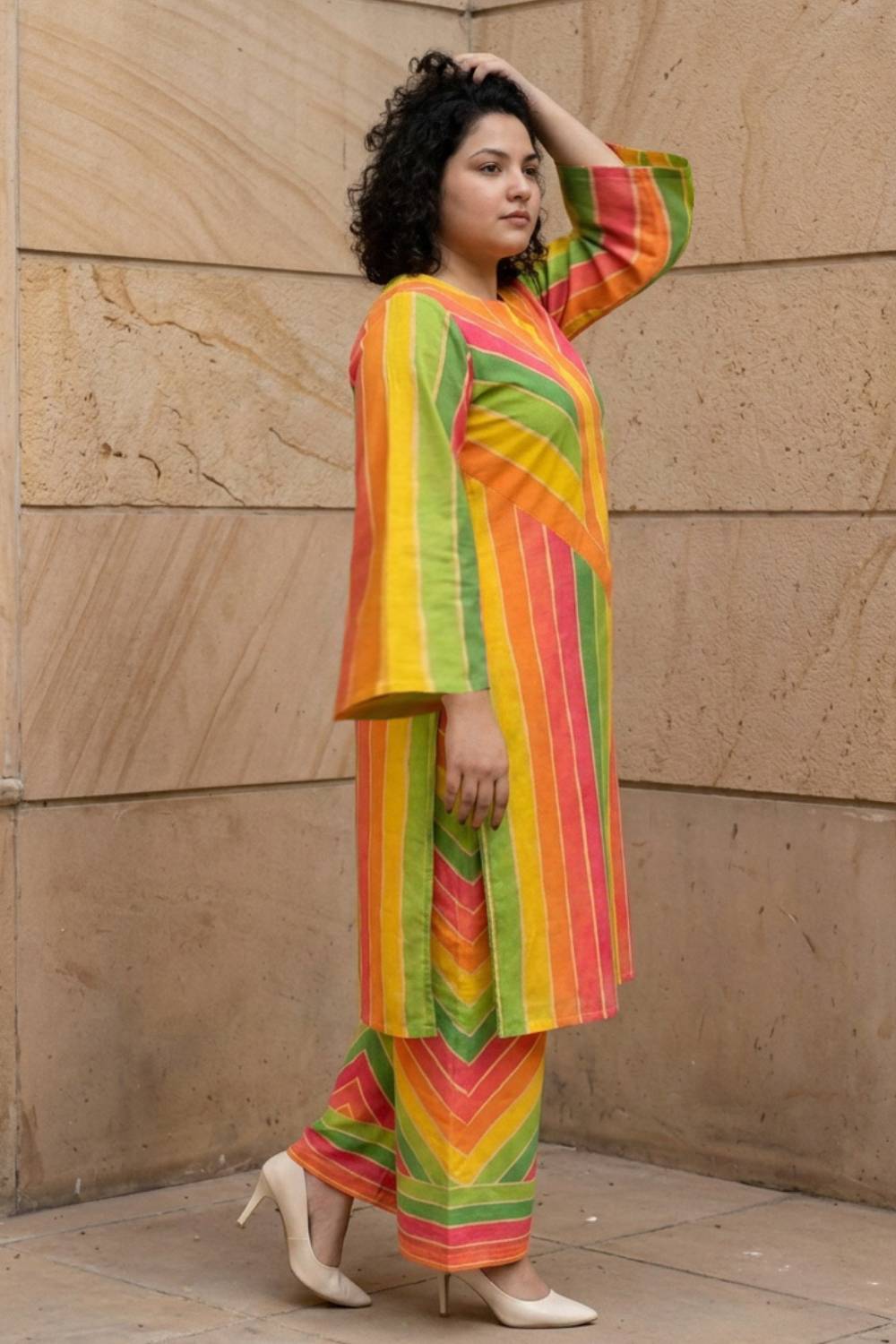 Plus Size Multicolor Abstract Print Cotton Kurta Coord Set