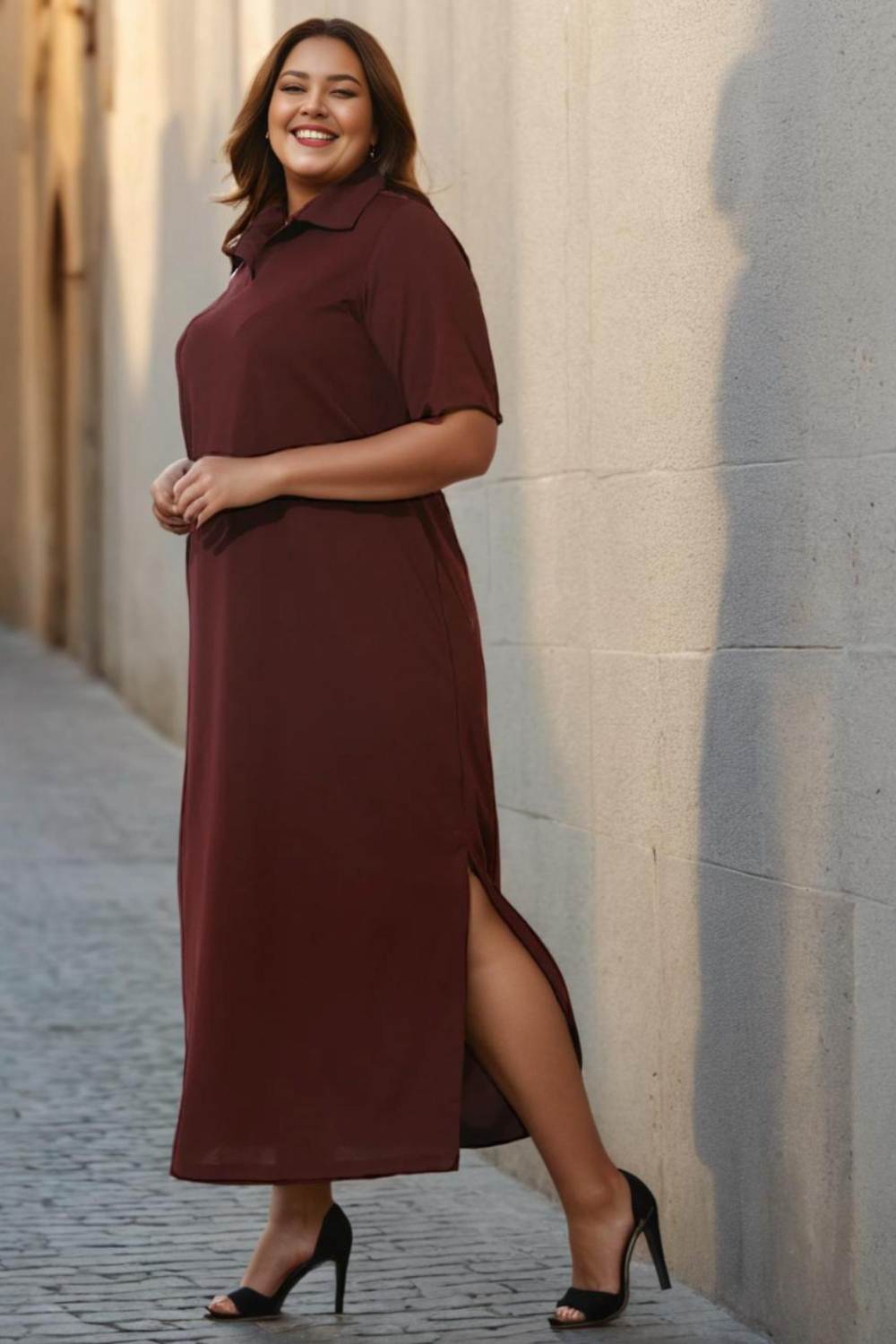 Plus Size Wine Side Slit Long Dress