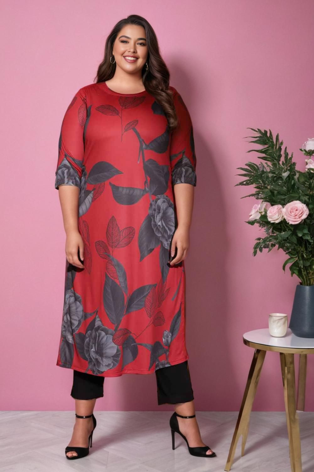 Plus Size Red Floral Long Kurti