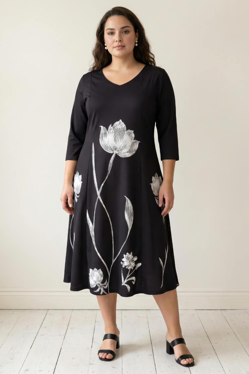 Plus Size Black Floral Print A-Line Dress